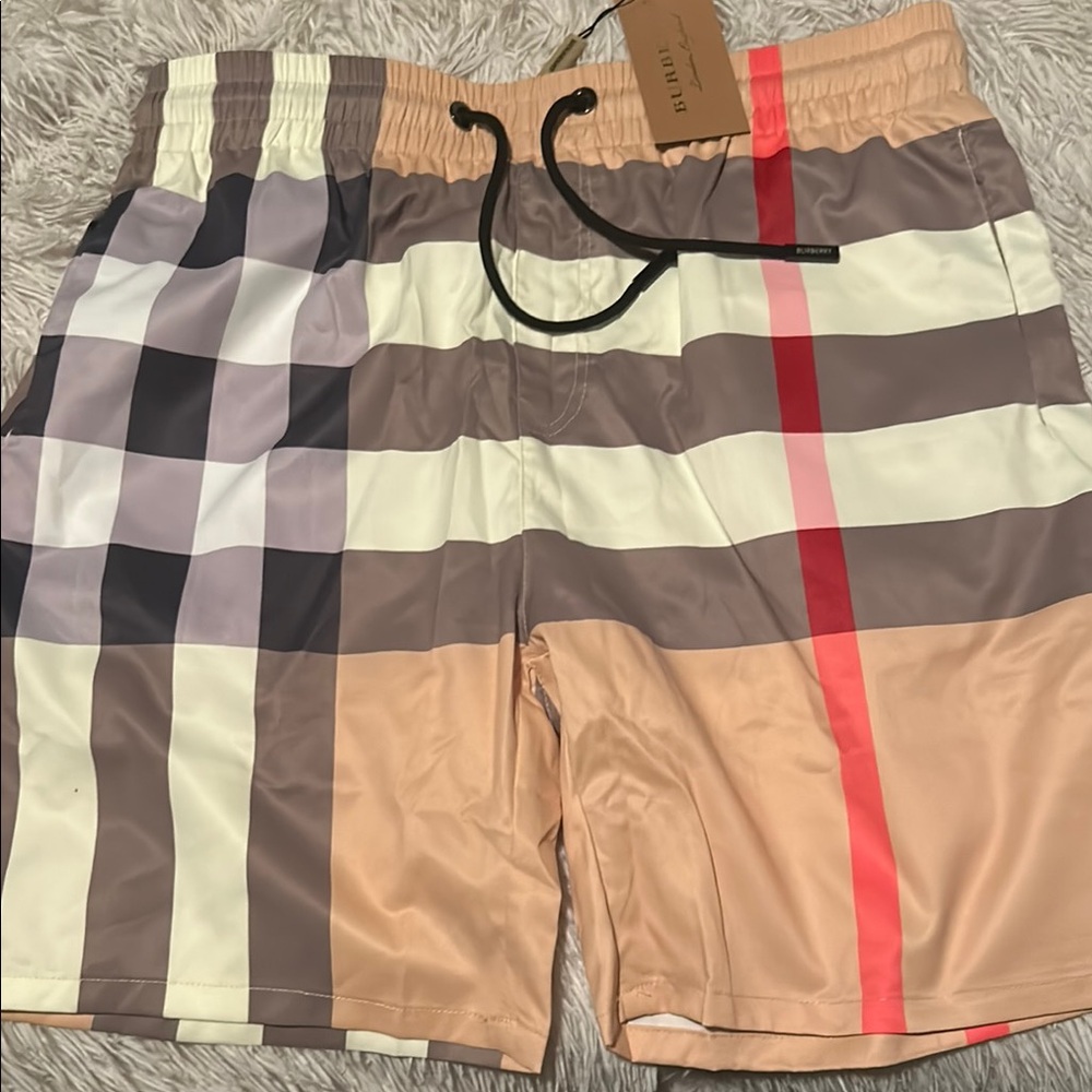 Burberry Men's Checkered Swim Shorts - Beige and Red